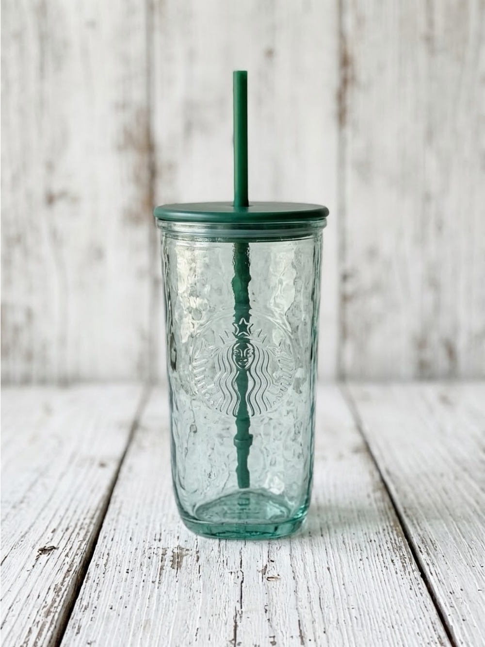 Starbucks 16oz Green Recycled Triangle Glass Cold Cup Tumbler Embossed Siren NWT